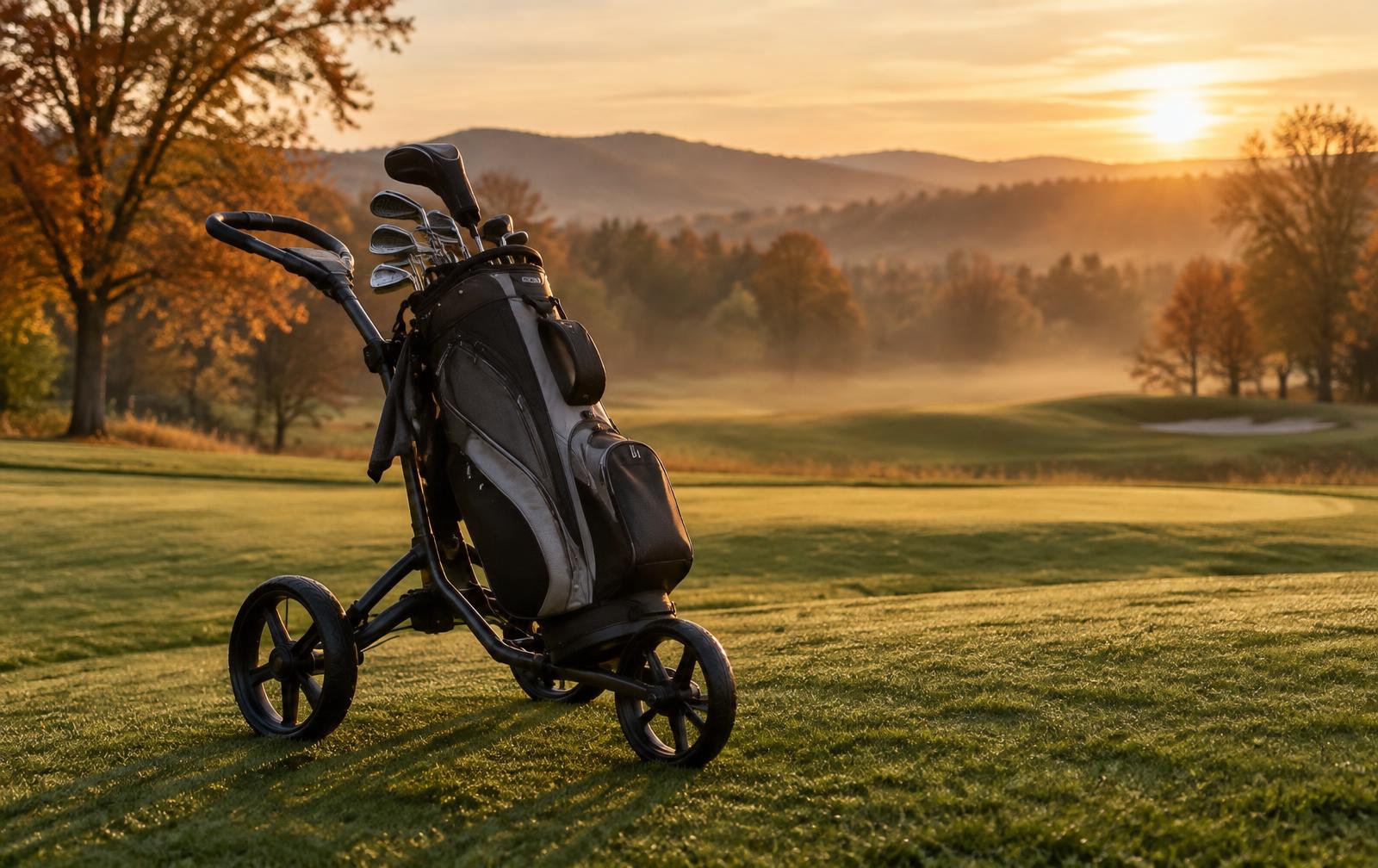 Golf push cart on a fairway at sunrise in autumn